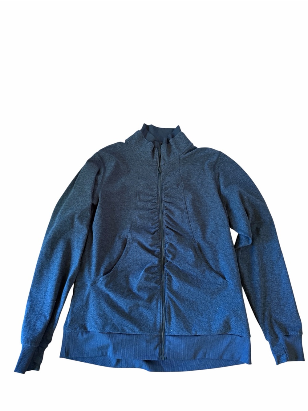 Zella Charcoal Heather Full Zip Jacket, Ruched Front, Funnel Neck, Fleece Lined,